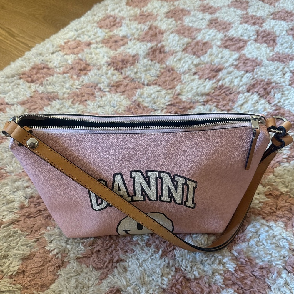Ganni pink smiley graphic shoulder bag